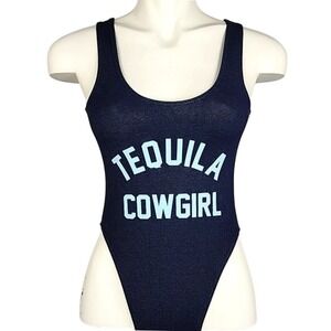 Private Party Women's Tequila Cowgirl Graphic Denim Look Swimsuit Blue S/M